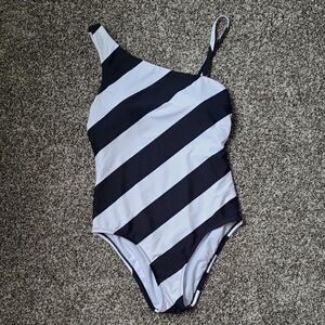 Black and White Striped One-Shoulder Swimsuit